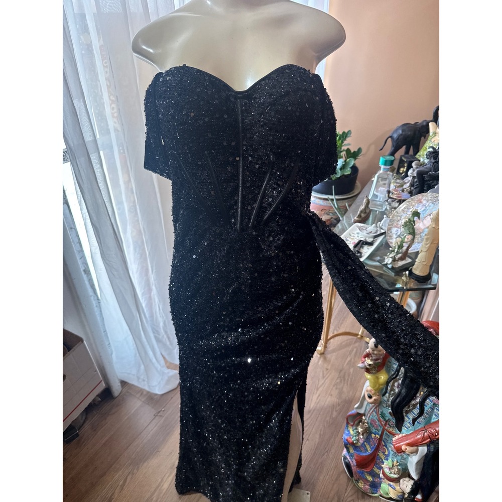 Adyce Black Sequin Corset Evening Gown Off Shoulder High Slit Maxi Dress Large‎
